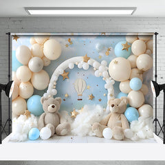 Aperturee - Aperturee Beige Balloon Arch Bear Blue Sky Cake Smash Backdrop