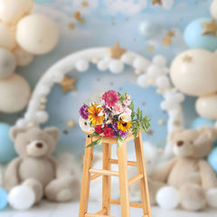 Aperturee - Aperturee Beige Balloon Arch Bear Blue Sky Cake Smash Backdrop