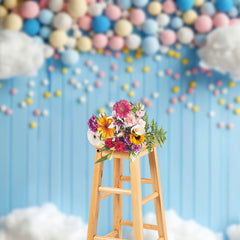 Aperturee - Aperturee Colorful Pellet Cloud Blue Stripe Cake Smash Backdrop