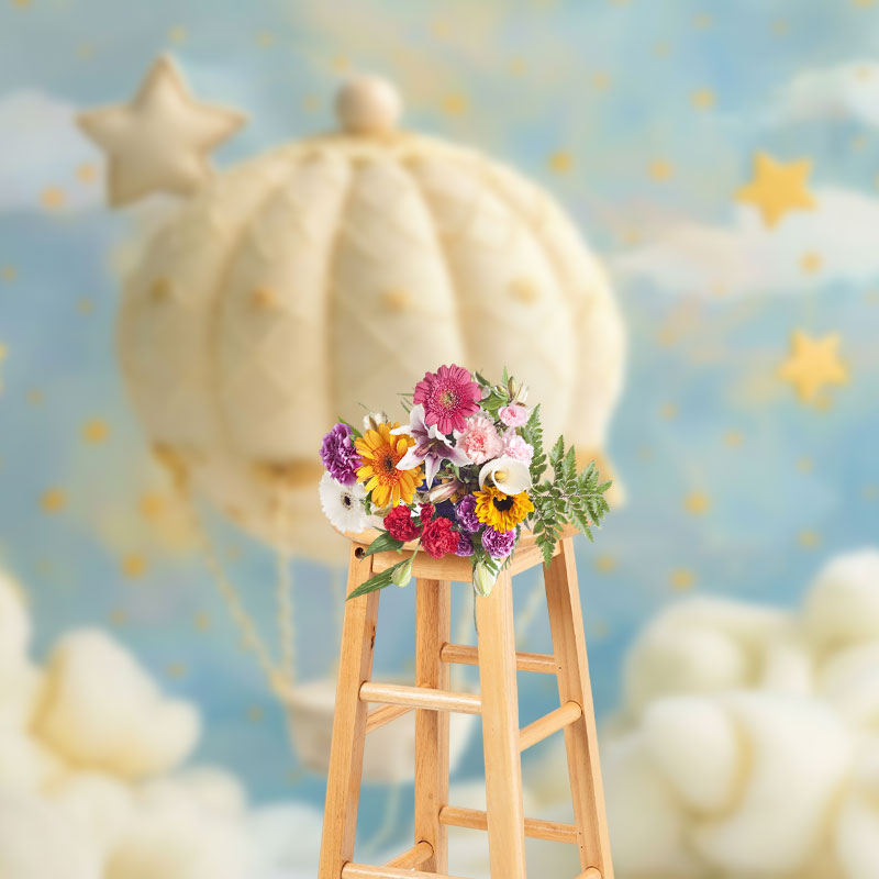 Aperturee - Aperturee Cute Hot Air Balloon Starry Sky Cake Smash Backdrop