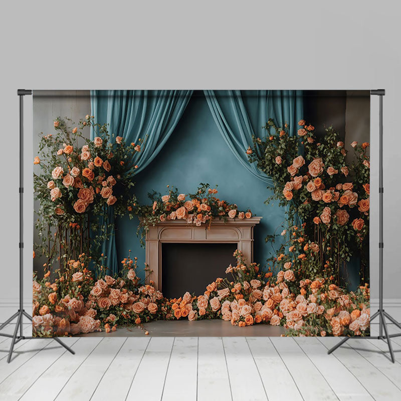 Aperturee - Aperturee Natural Floral Plant Blue Curtain Wedding Backdrop