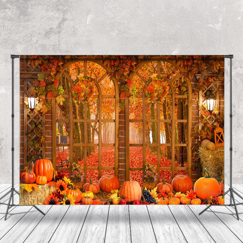 Aperturee - Arch Window Autumn Maple Leaves Pumpkin Photo Backdrop