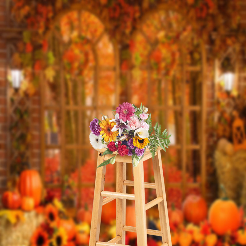 Aperturee - Arch Window Autumn Maple Leaves Pumpkin Photo Backdrop