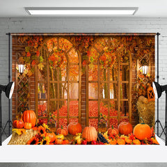 Aperturee - Arch Window Autumn Maple Leaves Pumpkin Photo Backdrop