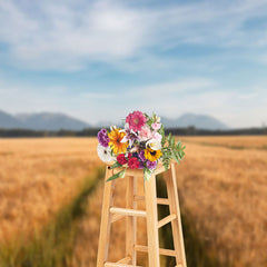 Aperturee - Golden Wheat Field Blue Sky Outdoor Beautiful Backdrop