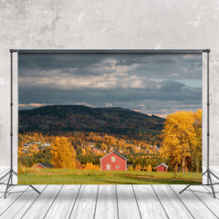 Aperturee - Outdoor Red House Dark Clouds Autumn Photo Backdrop