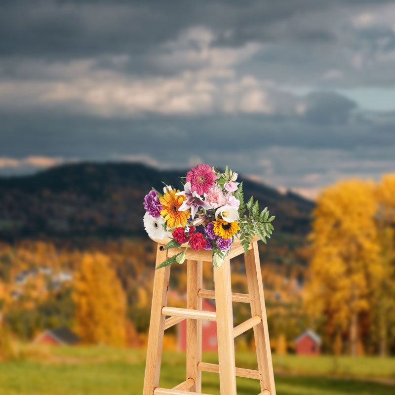 Aperturee - Outdoor Red House Dark Clouds Autumn Photo Backdrop