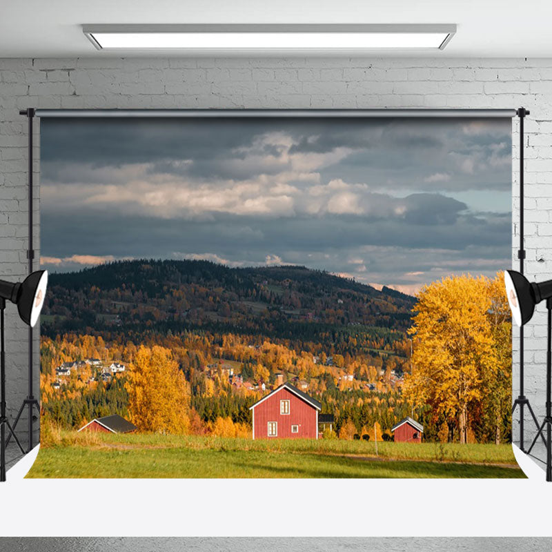 Aperturee - Outdoor Red House Dark Clouds Autumn Photo Backdrop