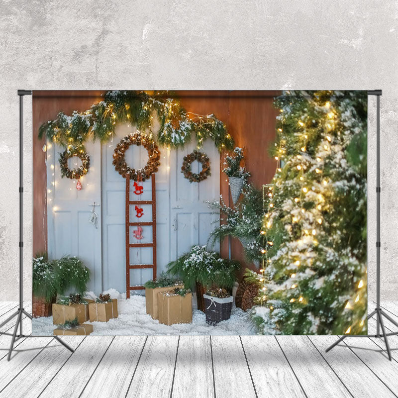 Aperturee - Aperturee Old White Door With Wreath Plants Winter Backdrop