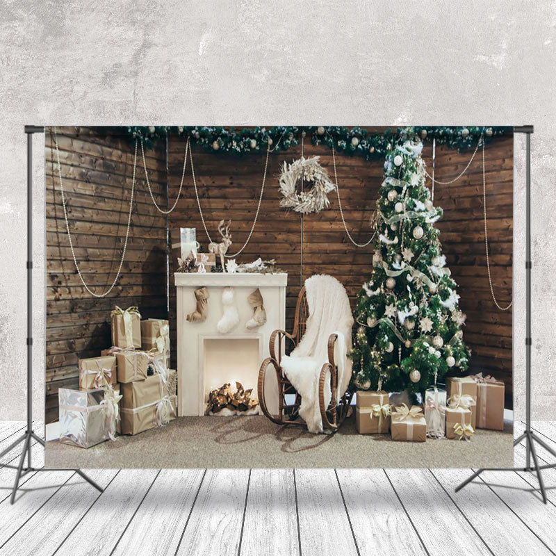 Aperturee - Aperturee Wooden Wall White Fireplace Xmas Photography Backdrop