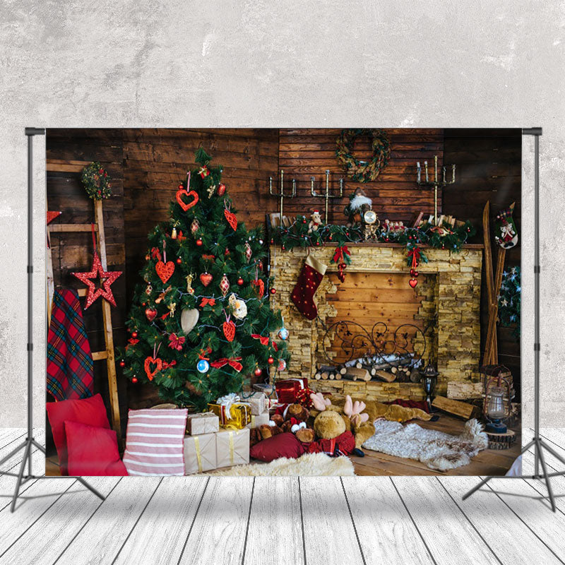 Aperturee - Aperturee Wood Fireplace Dolls Christmas Photo Backdrop