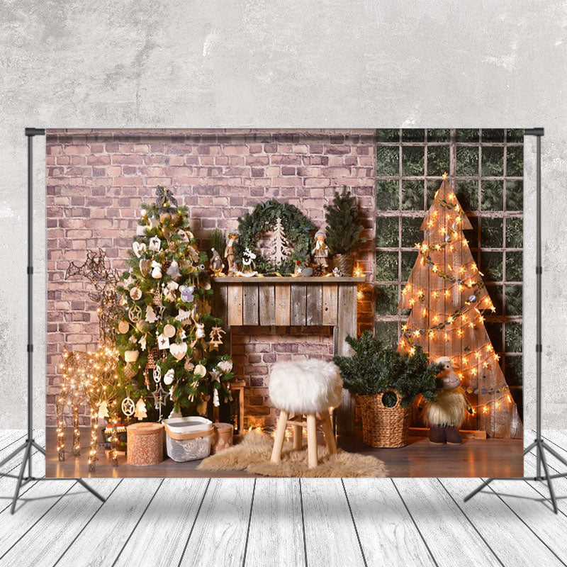 Aperturee - Aperturee Brick Wall Christmas Tree Star Lights Photo Backdrop