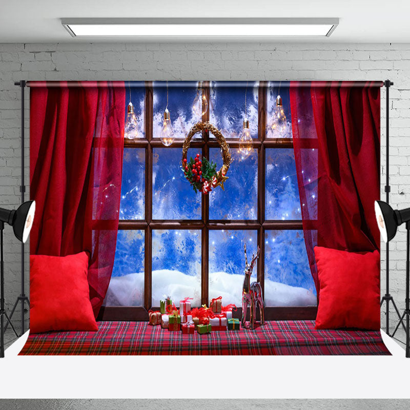 Aperturee - Aperturee Red Curtain Pillow Window Christmas Photo Backdrop