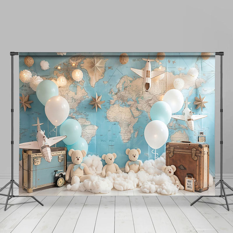 Aperturee - Aperturee Globe Map Luggage Bear Balloon Cake Smash Backdrop