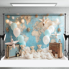 Aperturee - Aperturee Globe Map Luggage Bear Balloon Cake Smash Backdrop