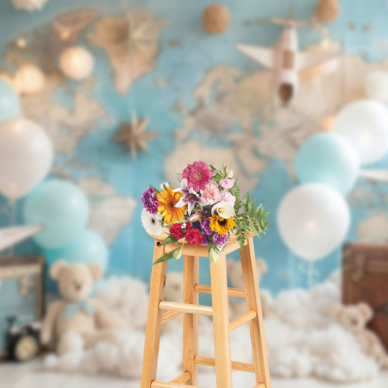 Aperturee - Aperturee Globe Map Luggage Bear Balloon Cake Smash Backdrop