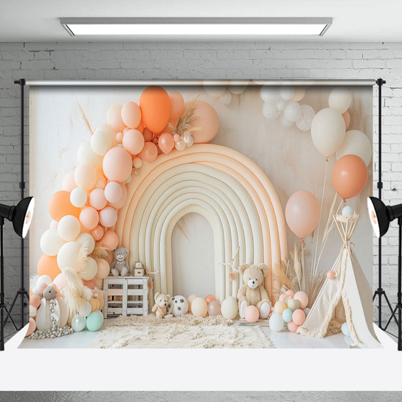 Aperturee - Aperturee Balloon Rainbow Arch Teddy Bear Cake Smash Backdrop