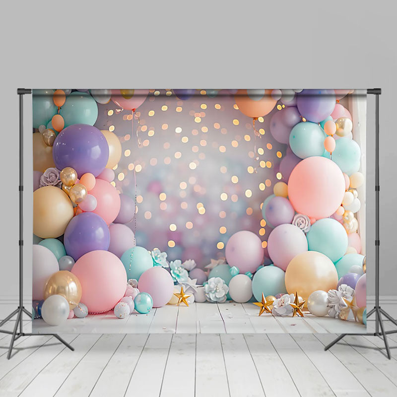 Aperturee - Aperturee Colorful Balloons Arch Gold Bokeh Cake Smash Backdrop