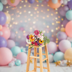 Aperturee - Aperturee Colorful Balloons Arch Gold Bokeh Cake Smash Backdrop