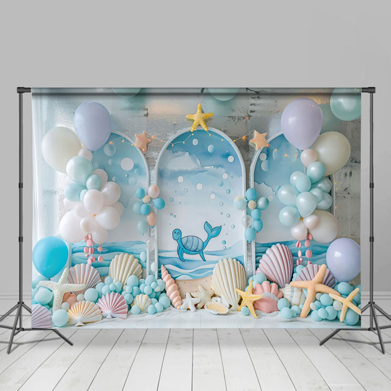 Aperturee - Aperturee Blue Sea Arch Balloons Oceanic Cake Smash Backdrop