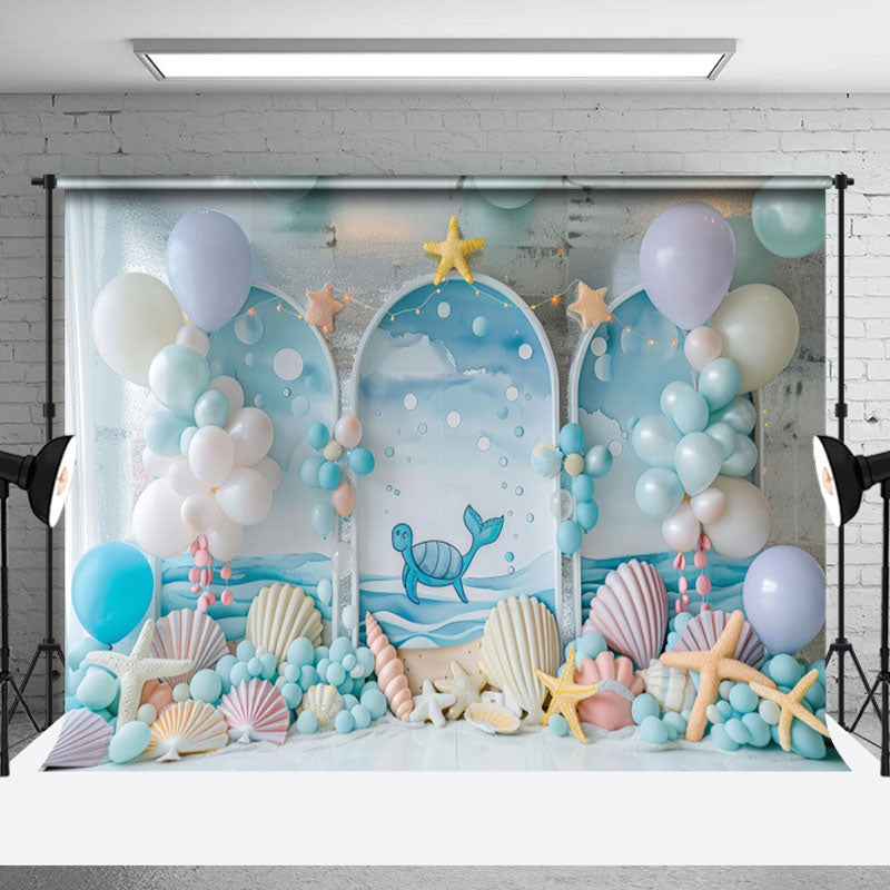 Aperturee - Aperturee Blue Sea Arch Balloons Oceanic Cake Smash Backdrop