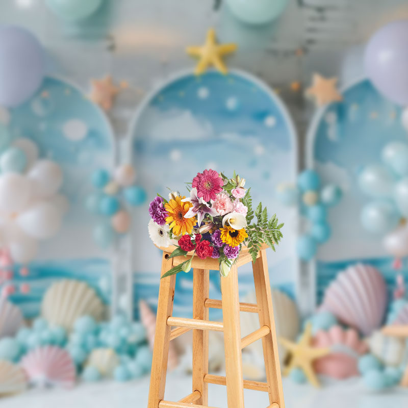 Aperturee - Aperturee Blue Sea Arch Balloons Oceanic Cake Smash Backdrop