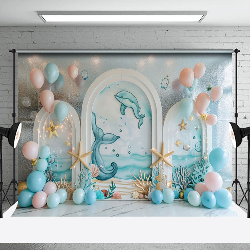 Aperturee - Aperturee Balloons Dolphin Arch Ocean Cake Smash Backdrop