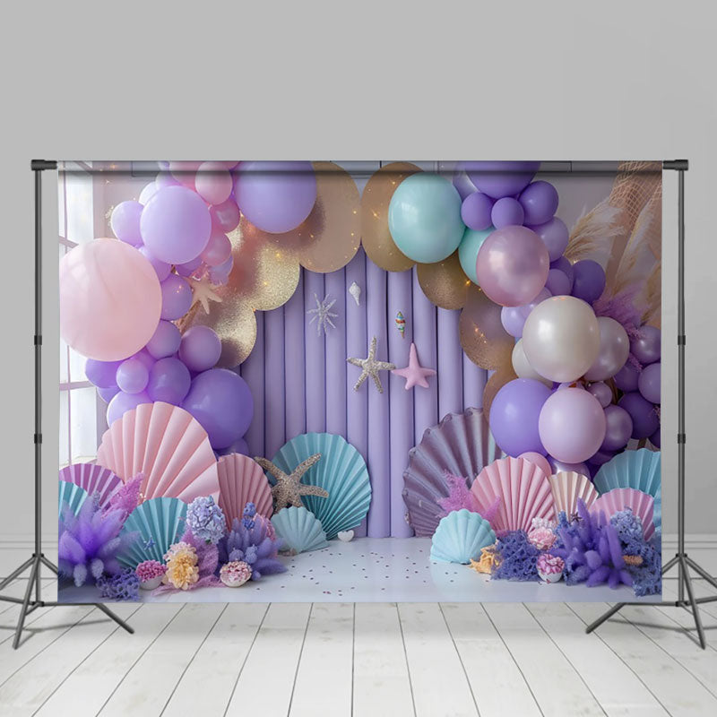 Aperturee - Aperturee Purple Arch Balloon Shells Stars Cake Smash Backdrop