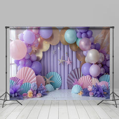 Aperturee - Aperturee Purple Arch Balloon Shells Stars Cake Smash Backdrop