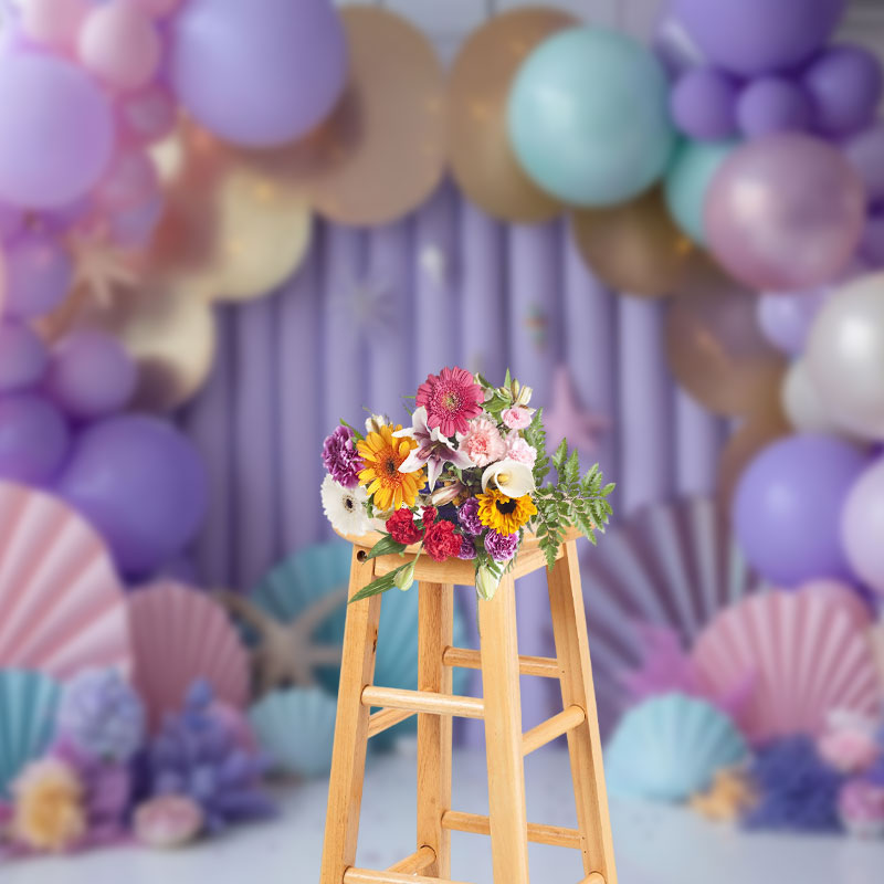 Aperturee - Aperturee Purple Arch Balloon Shells Stars Cake Smash Backdrop