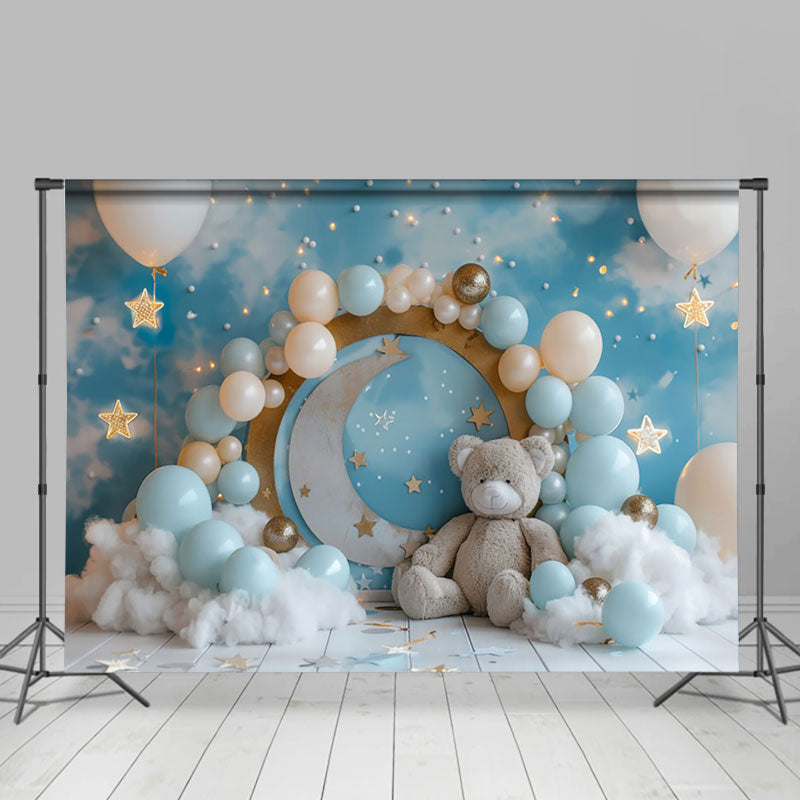 Aperturee - Aperturee Blue Starry Night Bear Balloon Cake Smash Backdrop