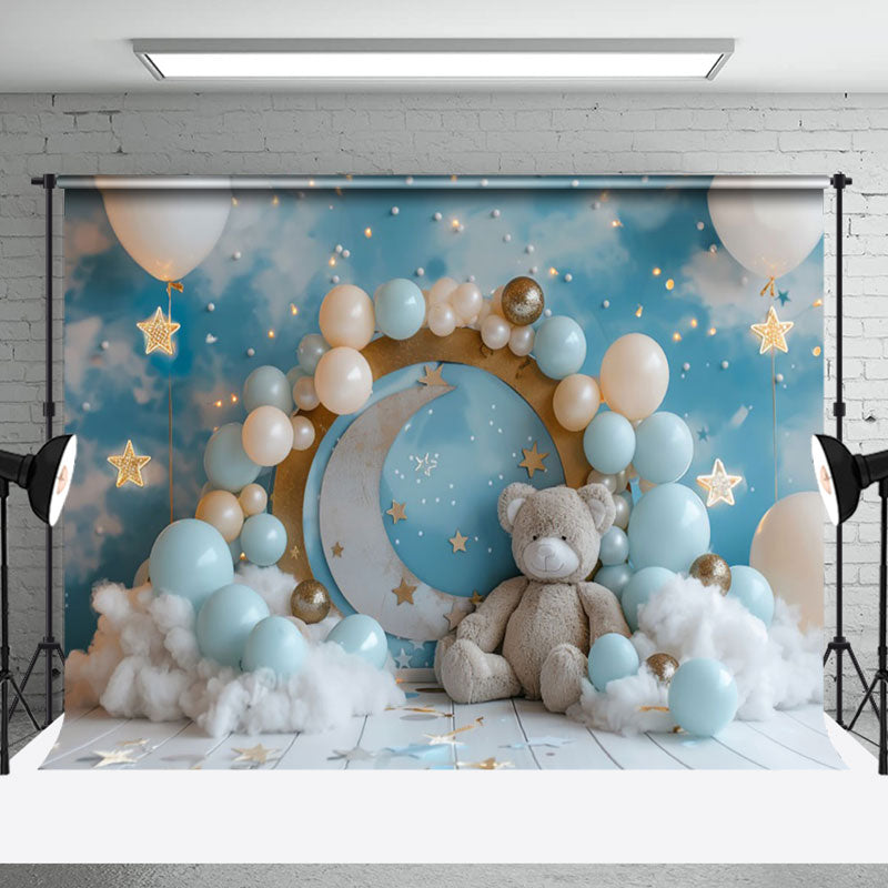 Aperturee - Aperturee Blue Starry Night Bear Balloon Cake Smash Backdrop