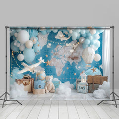 Aperturee - Aperturee Blue Globe Map Wall Balloon Bear Cake Smash Backdrop