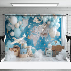 Aperturee - Aperturee Blue Globe Map Wall Balloon Bear Cake Smash Backdrop