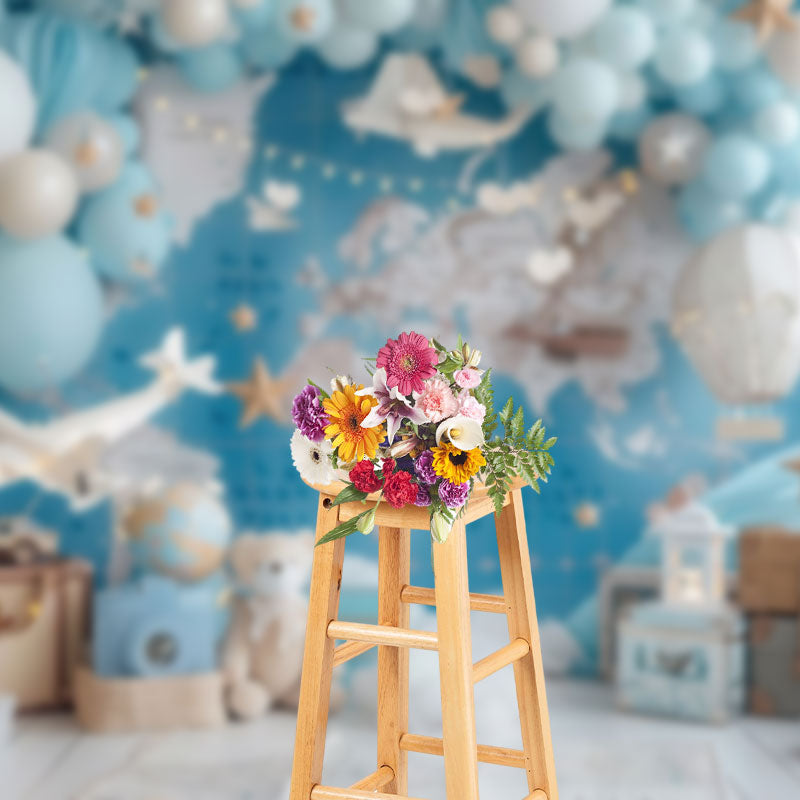 Aperturee - Aperturee Blue Globe Map Wall Balloon Bear Cake Smash Backdrop