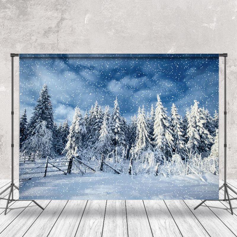 Aperturee - Wooden Fence Pine Forest Snow Landscape Photo Backdrop