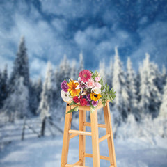 Aperturee - Wooden Fence Pine Forest Snow Landscape Photo Backdrop