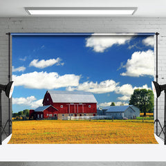 Aperturee - Farm Red House Blue Sky Grass Outdoor Photo Backdrop