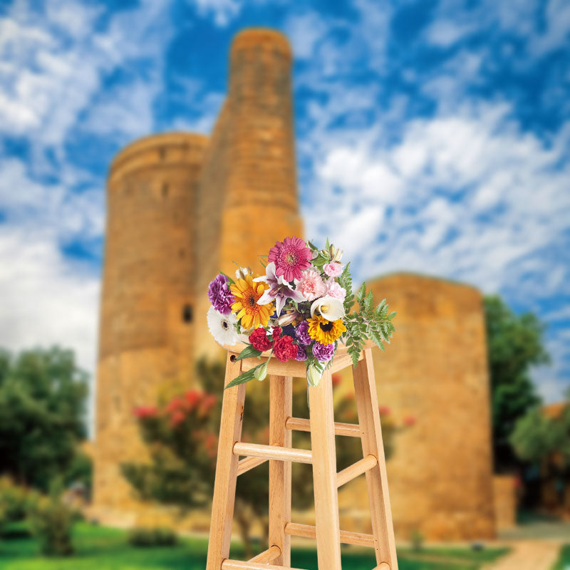 Aperturee - Vintage Brick Wall House Blue Sky Photo Backdrop