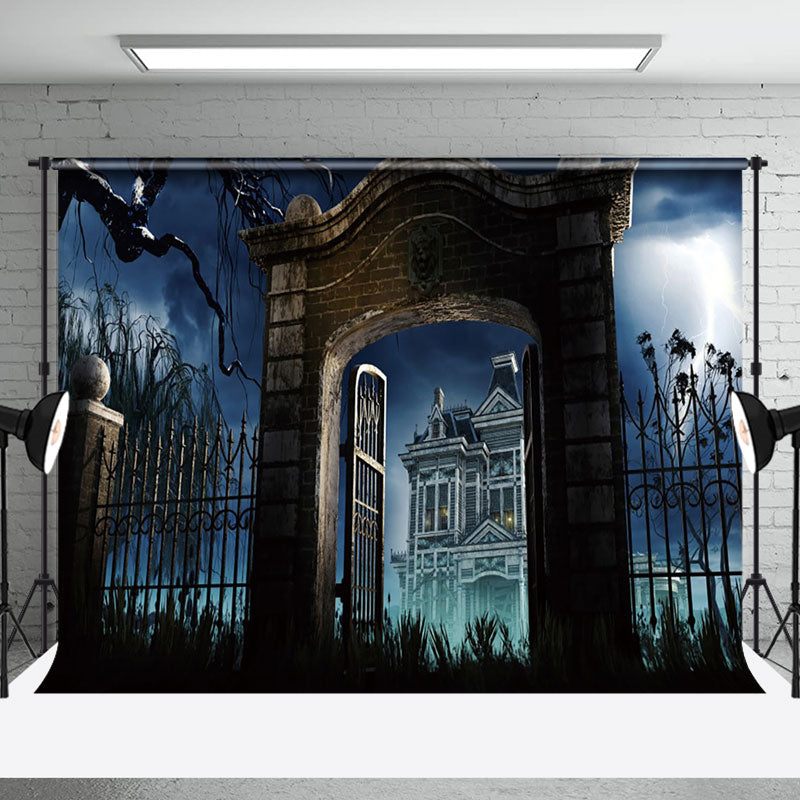 Aperturee - Foggy Villa Railing Scary Night Halloween Backdrop