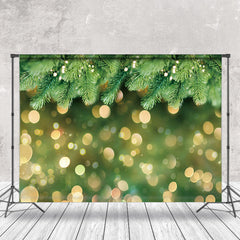 Aperturee - Gold Bokeh Green Pine Christmas Photo Backdrop