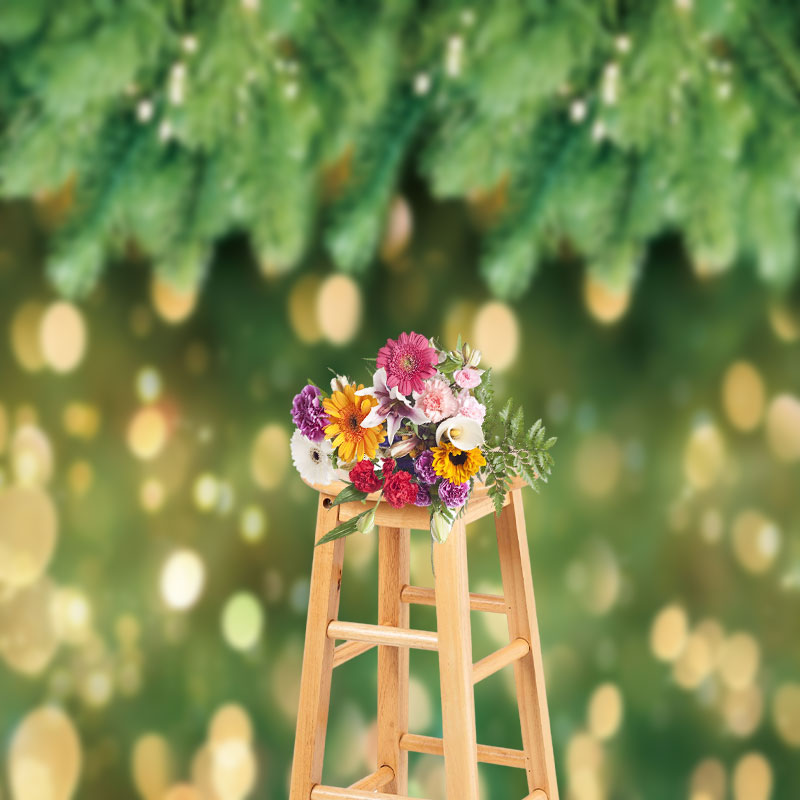 Aperturee - Gold Bokeh Green Pine Christmas Photo Backdrop