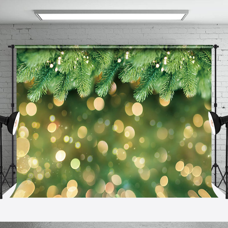 Aperturee - Gold Bokeh Green Pine Christmas Photo Backdrop