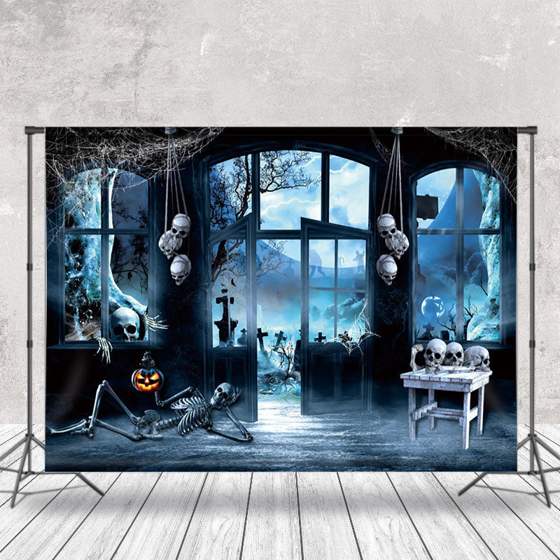 Aperturee - Skeleton Scary Moon Haunted House Halloween Backdrop