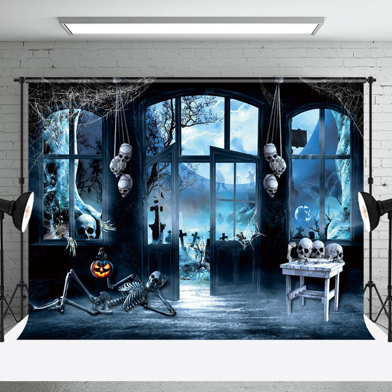 Aperturee - Skeleton Scary Moon Haunted House Halloween Backdrop