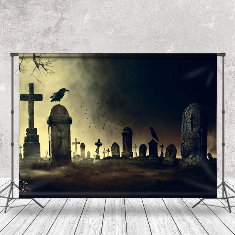 Aperturee - Gloomy Horror Cemetery Crow Halloween Backdrop