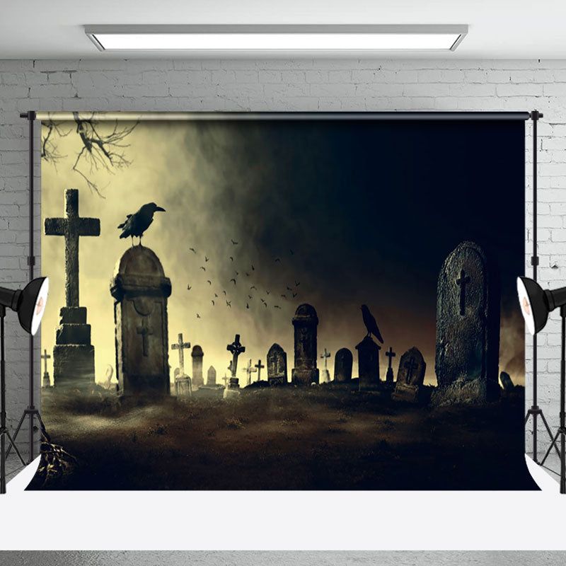 Aperturee - Gloomy Horror Cemetery Crow Halloween Backdrop