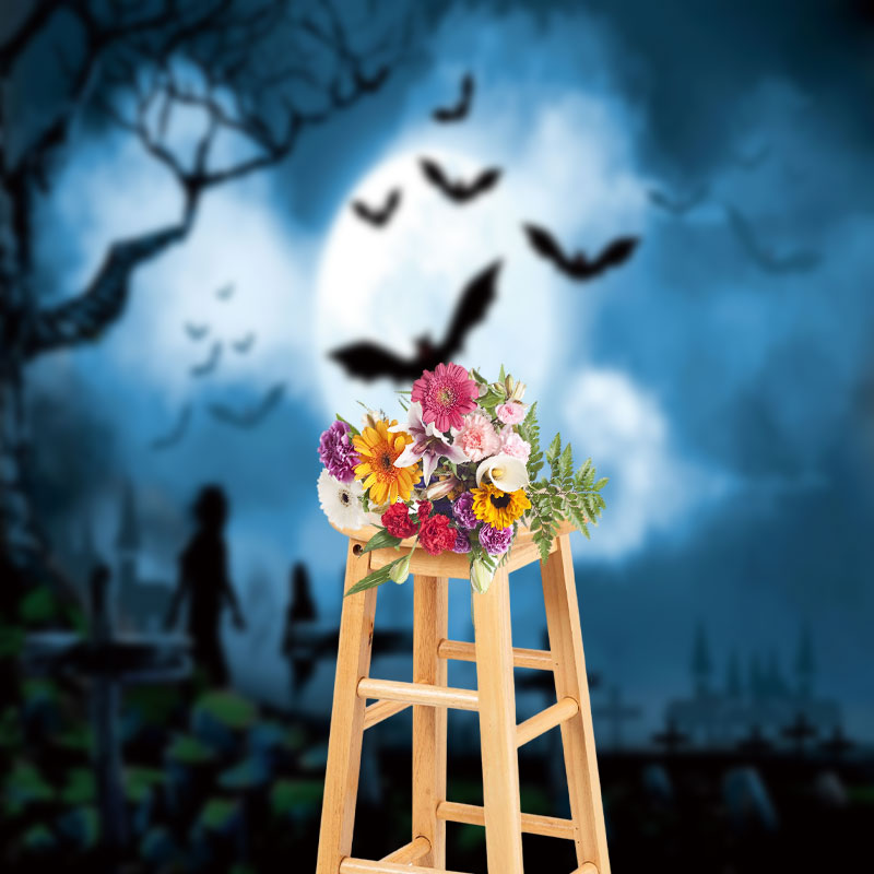 Aperturee - Cross Ghost Moon Bat Foggy Halloween Backdrop