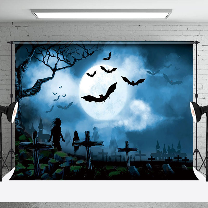 Aperturee - Cross Ghost Moon Bat Foggy Halloween Backdrop