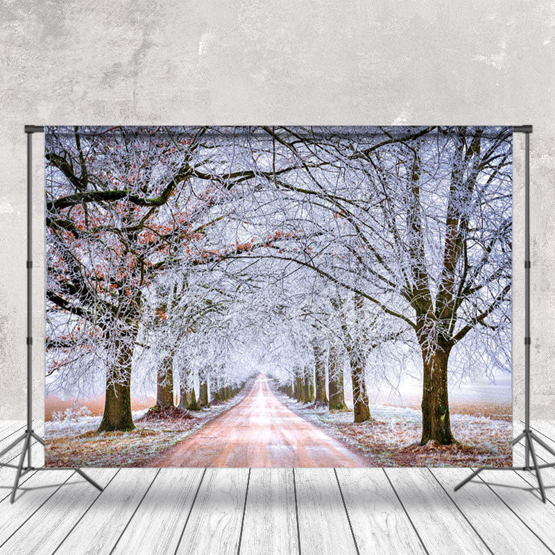 Aperturee - Frozen Tree Road Winter Scenery Photo Backdrop